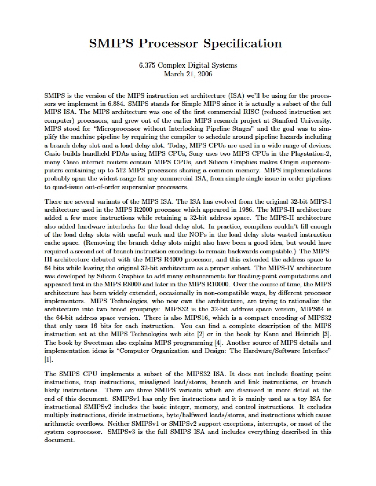 Specification of SMIPS Processor