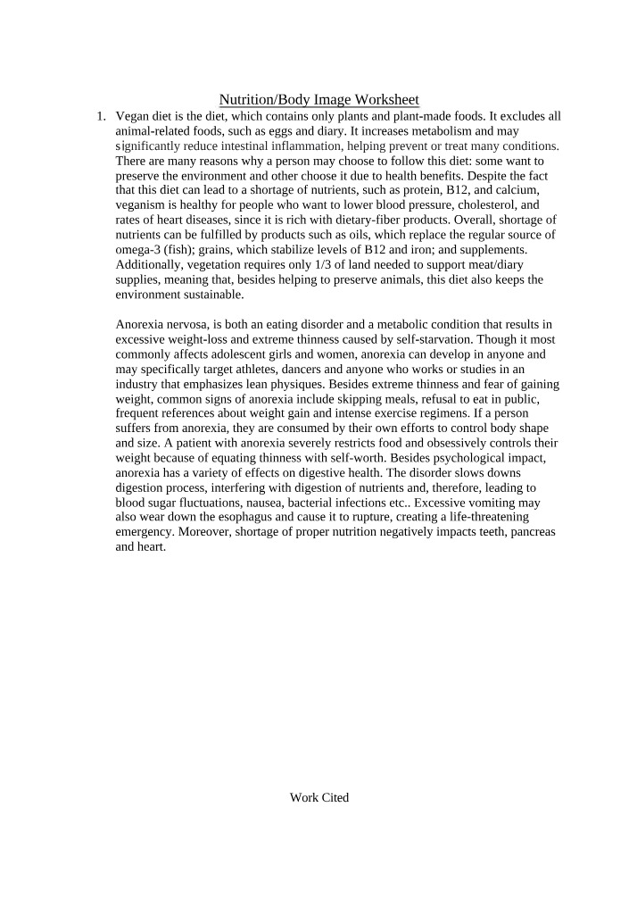 Nutrition and Body Image - Worksheet