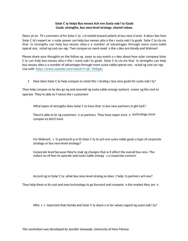 Worksheet for Solar City