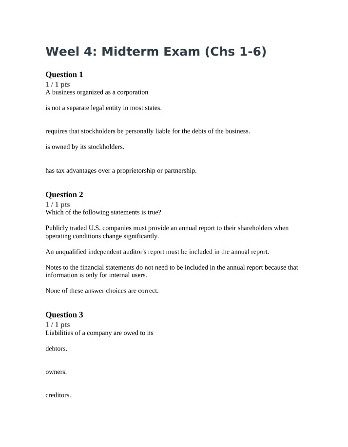 ACCT 512 Midterm Exam - Chapters 1-6