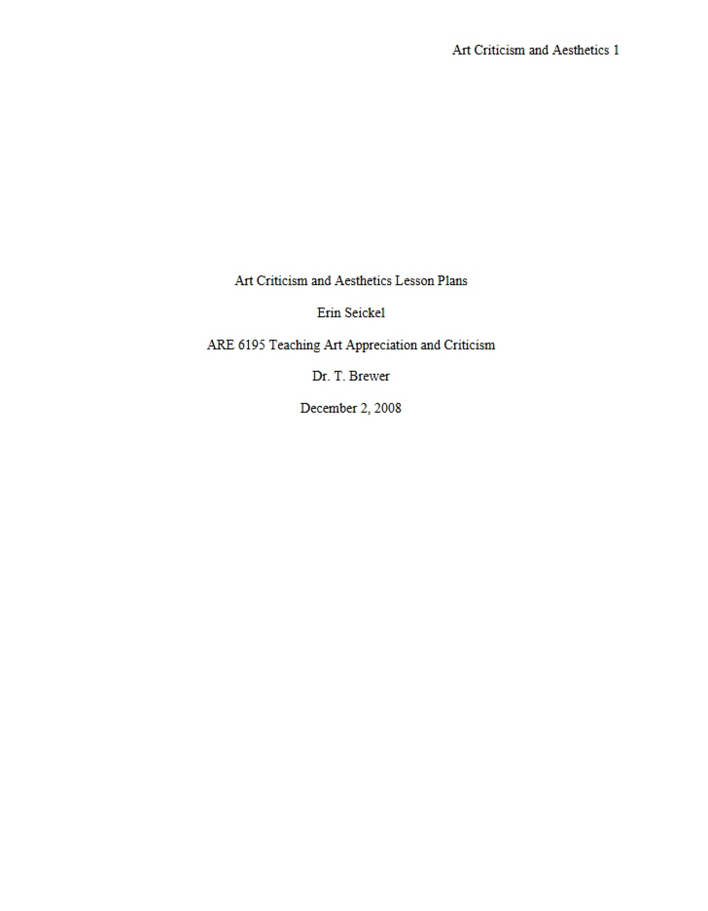 Lesson Plans Aesthetics and Art Criticism