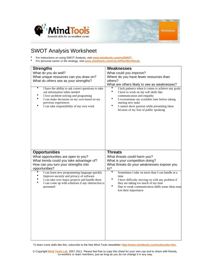 Analysis Worksheet for SWOT