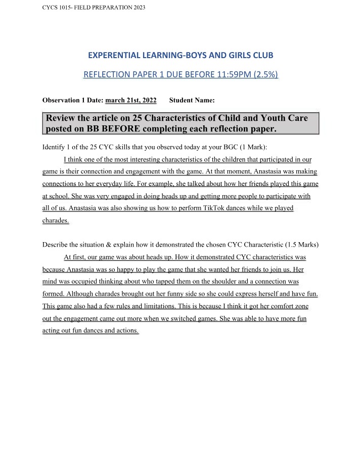 Reflection Paper 1 on the Boys and Girls Club