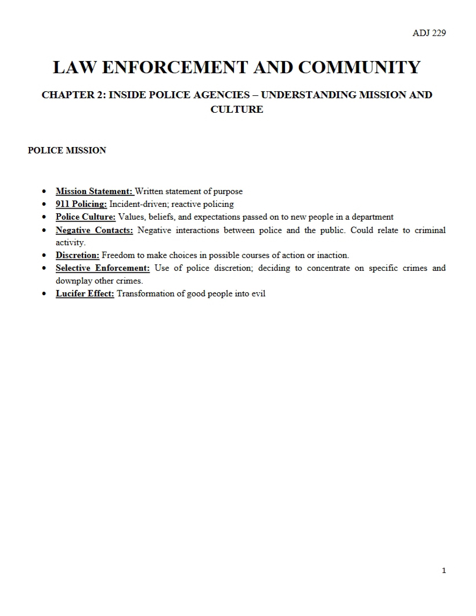 Police Agency Mission and Culture Chapter 2