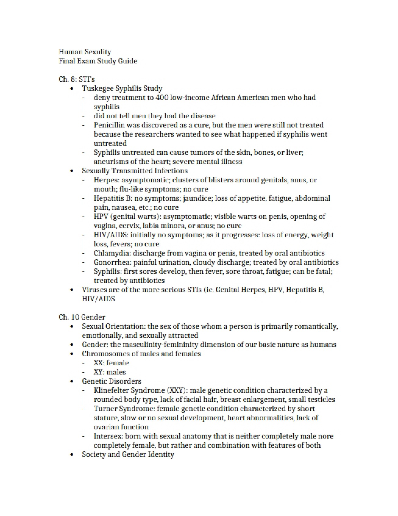 Final Exam Study Guide for Human Sexuality