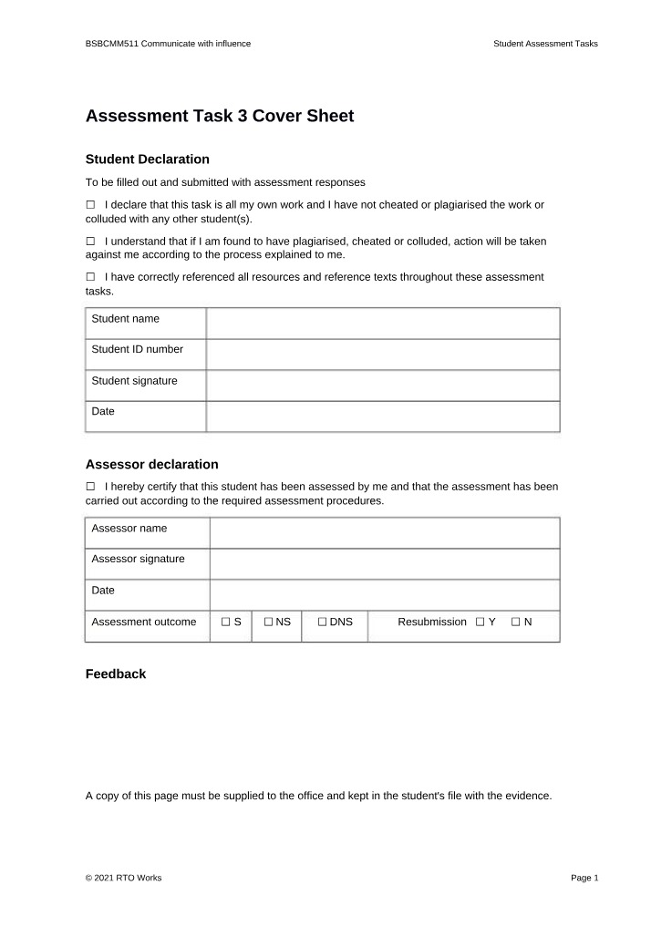 Instructions and Cover Sheet - Assessment Task 3