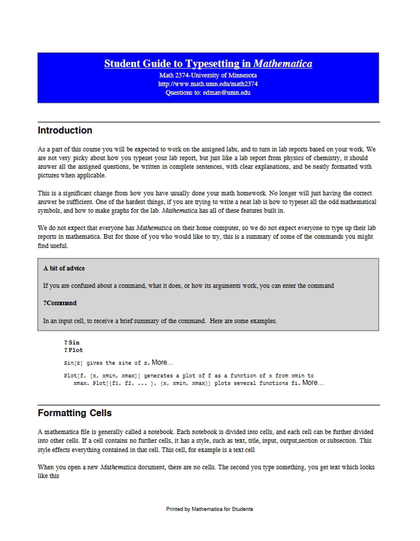 Mathematica Typesetting Guide for Students