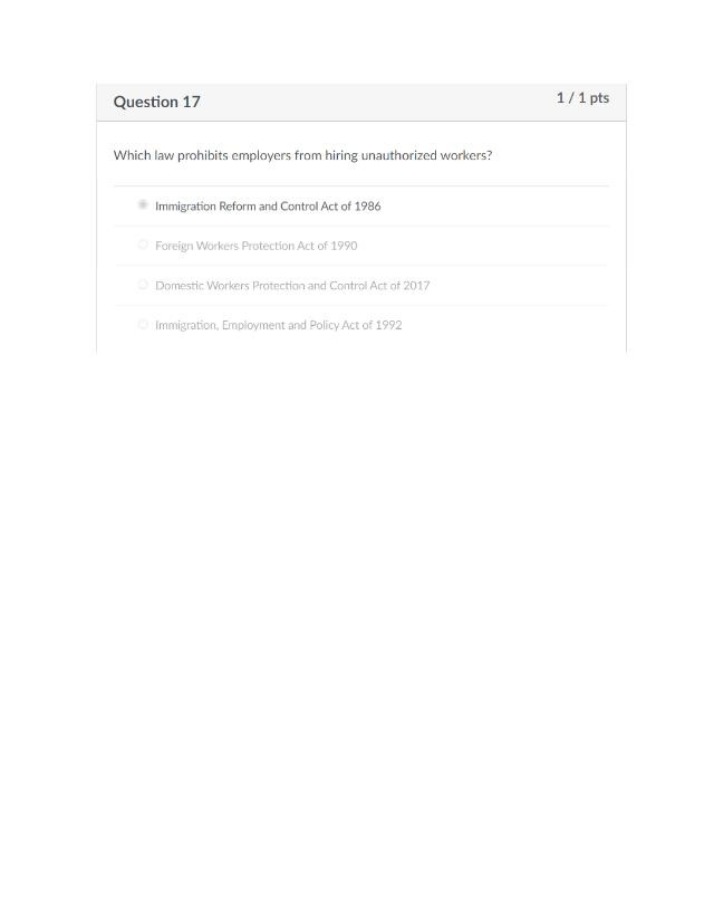 Quiz Question on Immigration Reform and Control Act