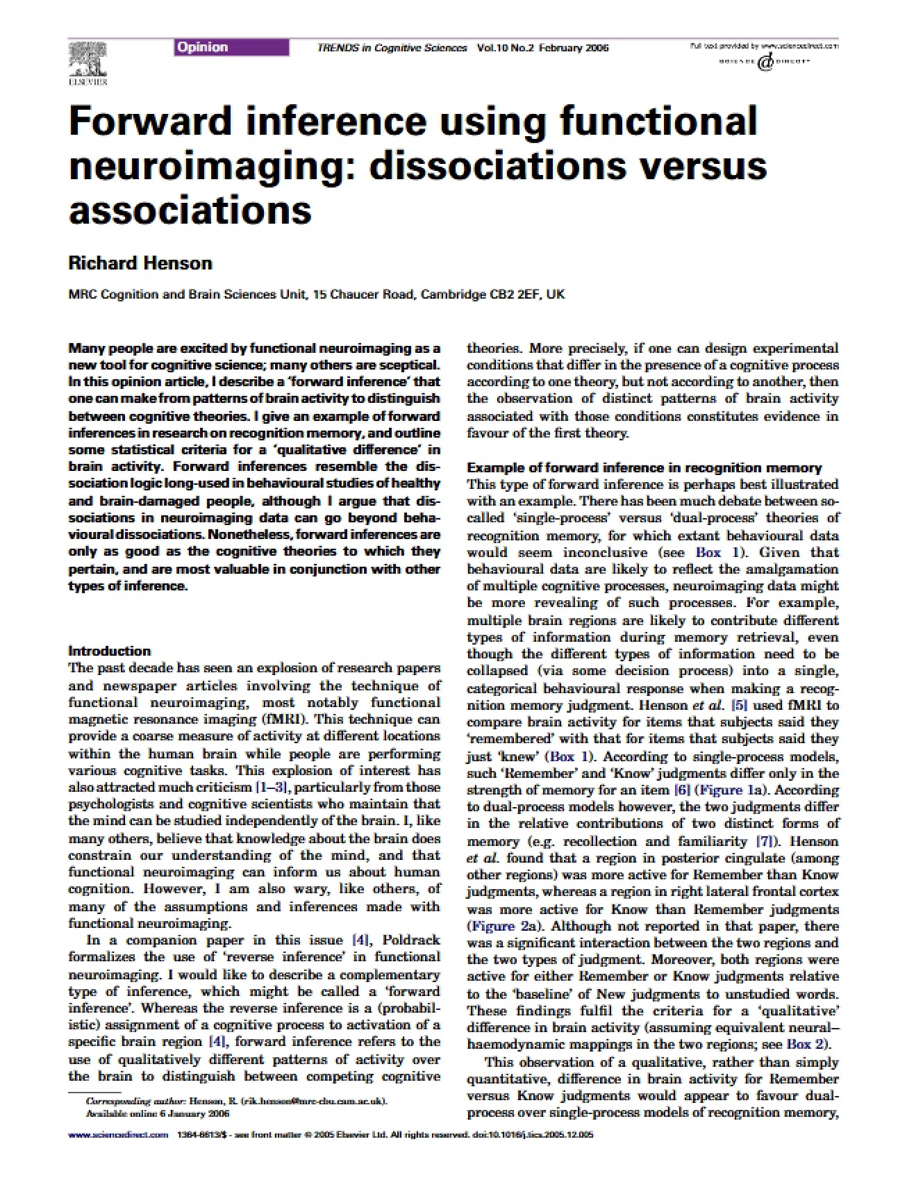 Functional Neuroimaging for Forward Inference