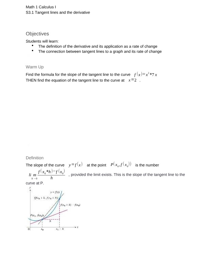 Tangent Lines and the Derivative - Math 1 Calculus I S3.1