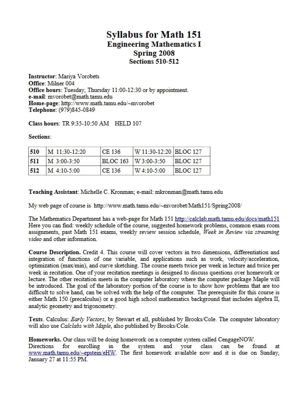 Math 151 Course Syllabus - Engineering Math I