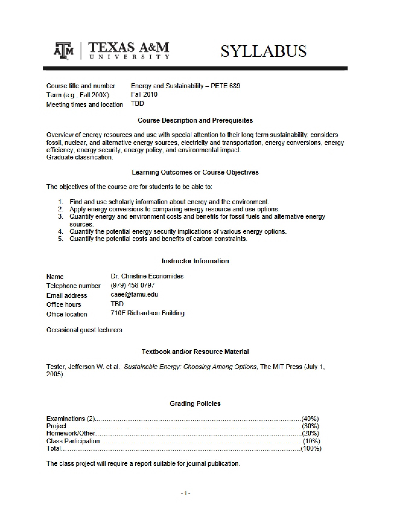 Syllabus for PETE 689E (2010, Version C)