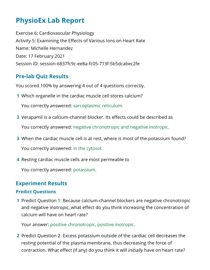 PhysioEx Lab Report - Effects of Ions on Heart Rate