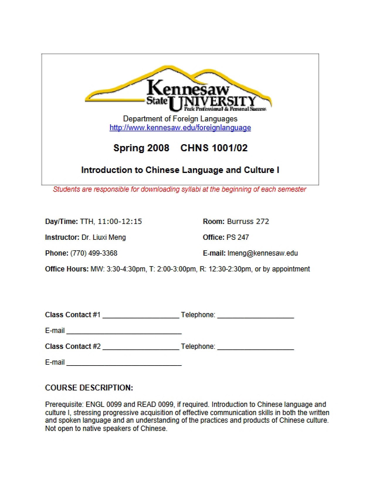 Syllabus for a Course on Introduction to Chinese Language and Culture - CHNS 1001