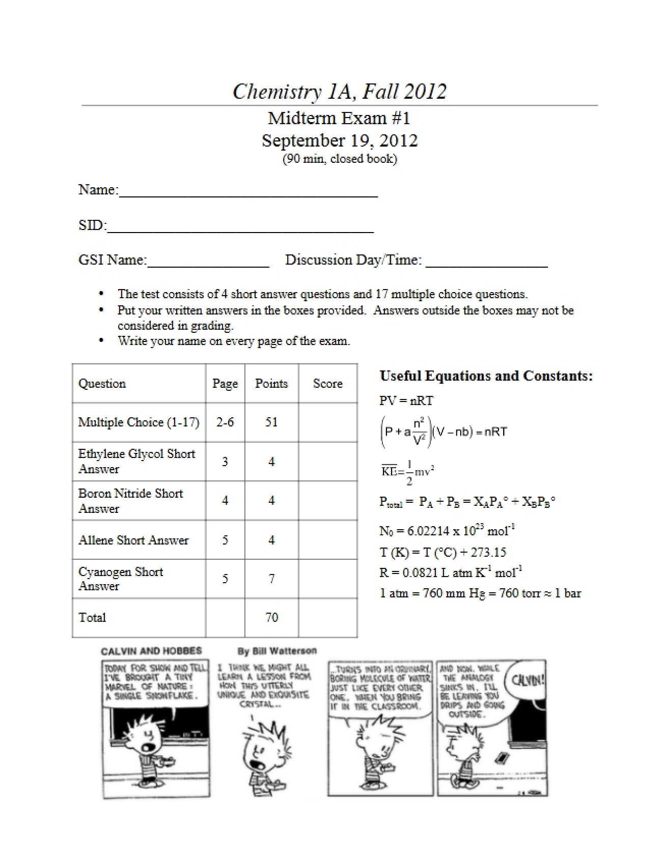 Key for 2012 General Chemistry Midterm I