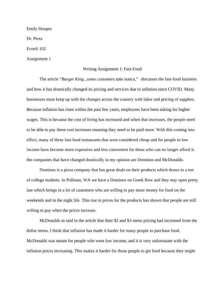 Fast Food - Writing Assignment 1