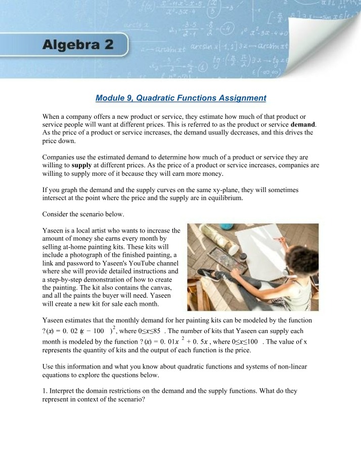 Assignment on Quadratic Functions