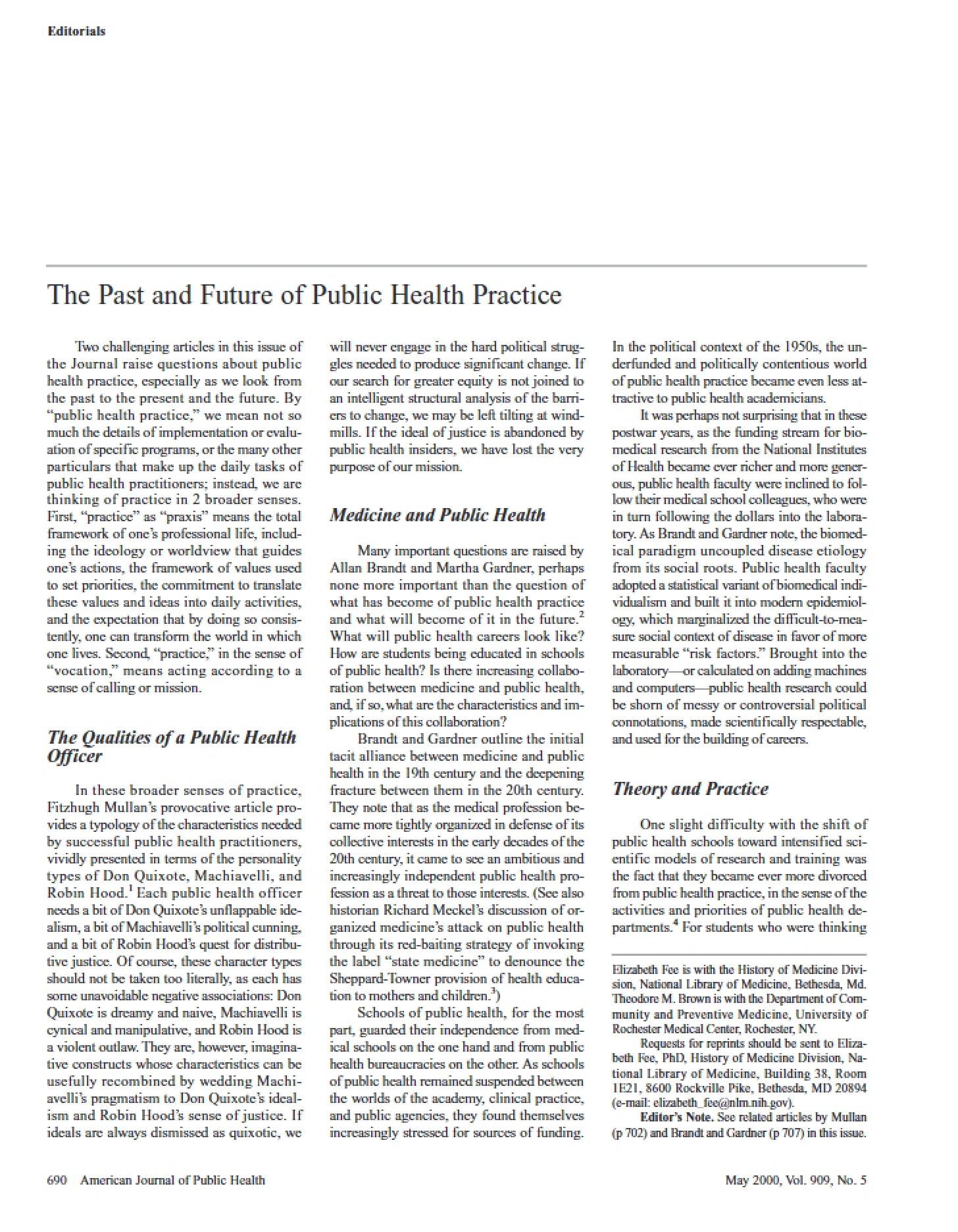Public Health Practice Future and Past