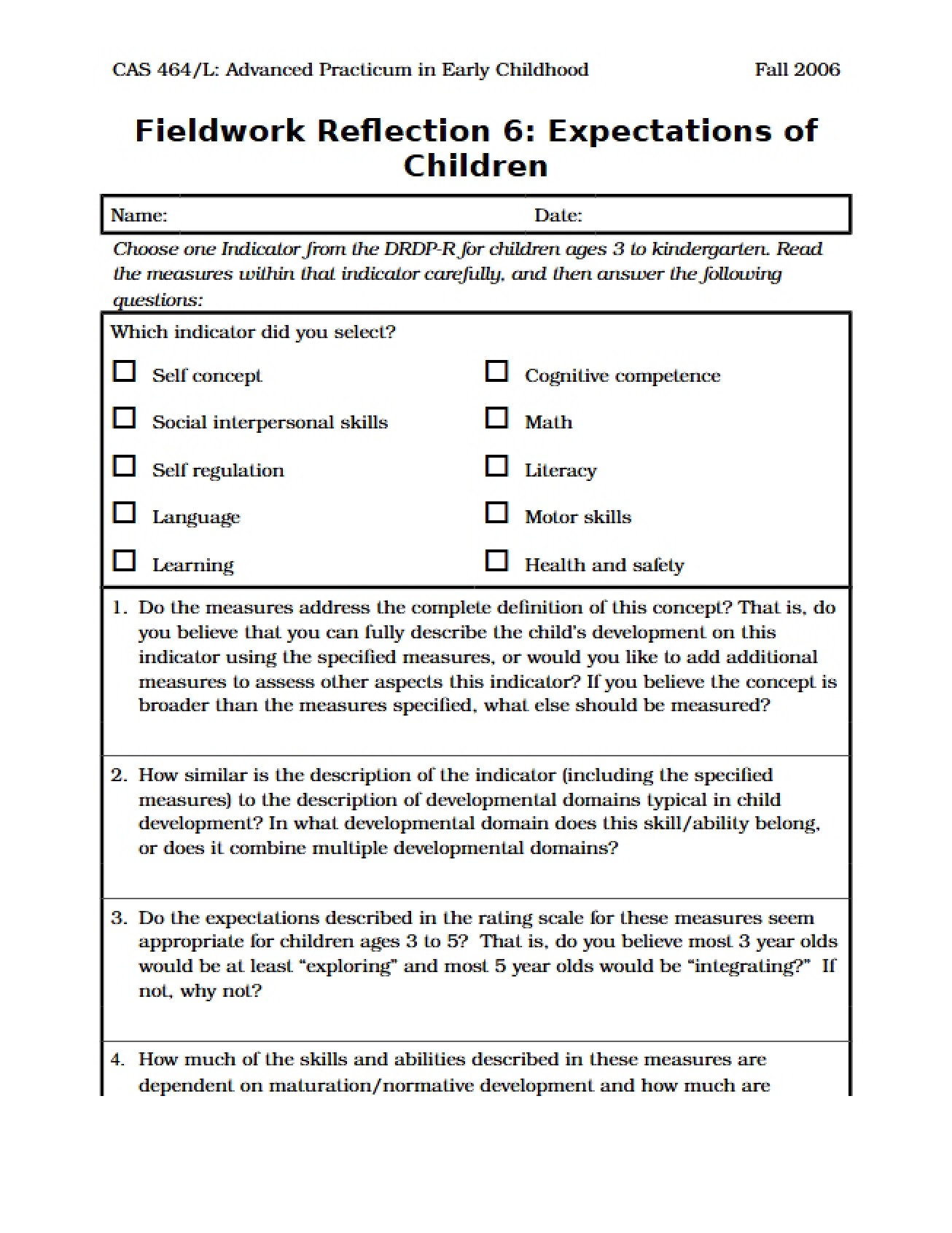 Expectations of Children Fieldwork Reflection Six