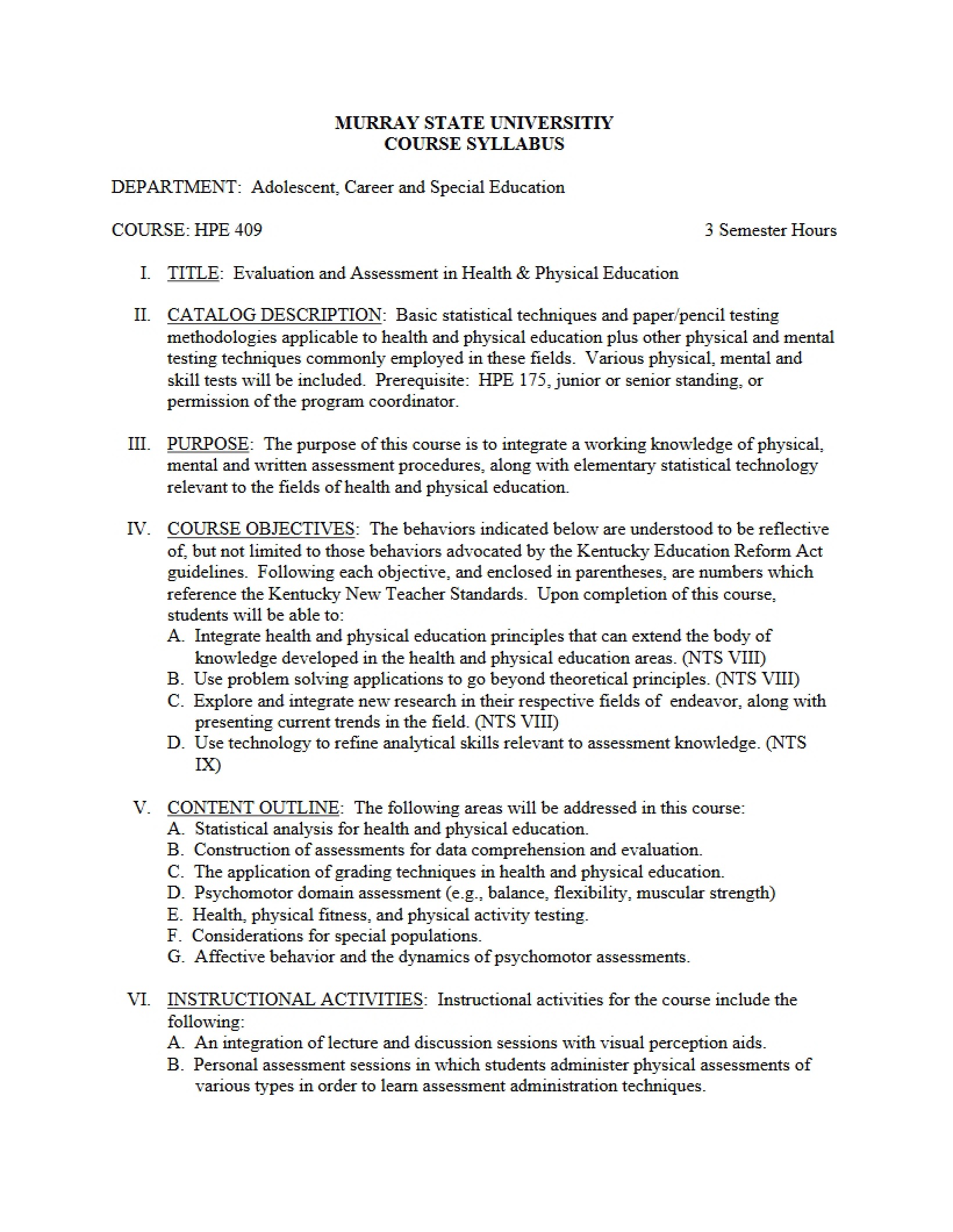 Syllabus - Evaluation and Assessment in Health & Physical Education
