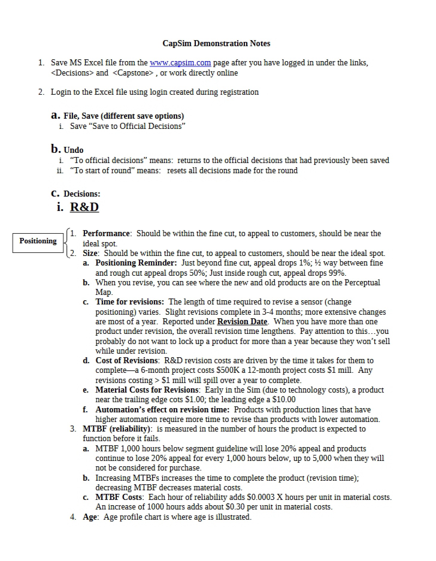 Notes on CapSim Demo