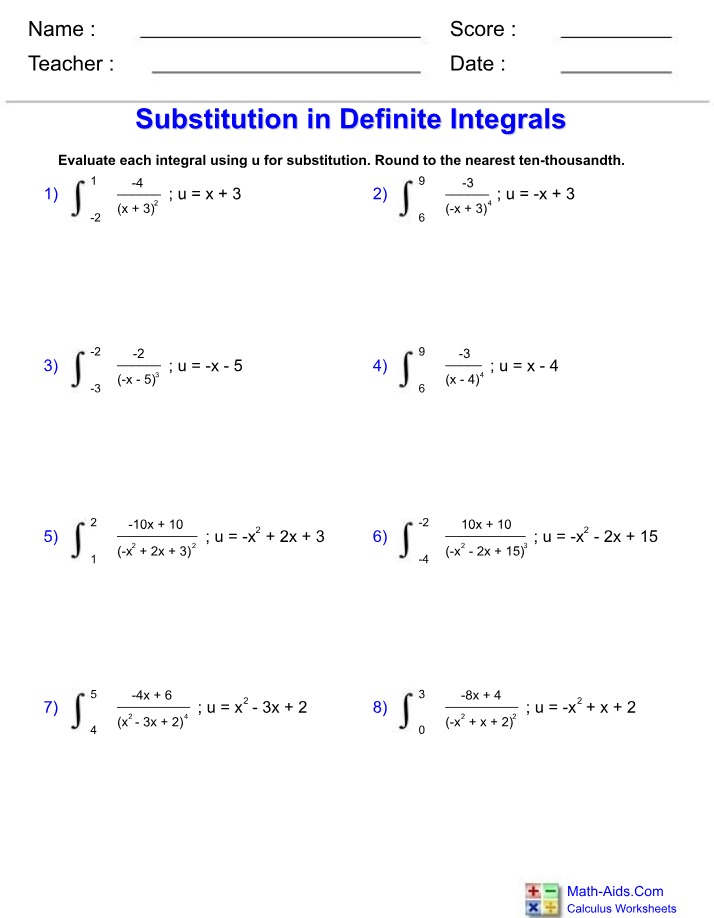 Worksheets on Substitution in Definite Integrals