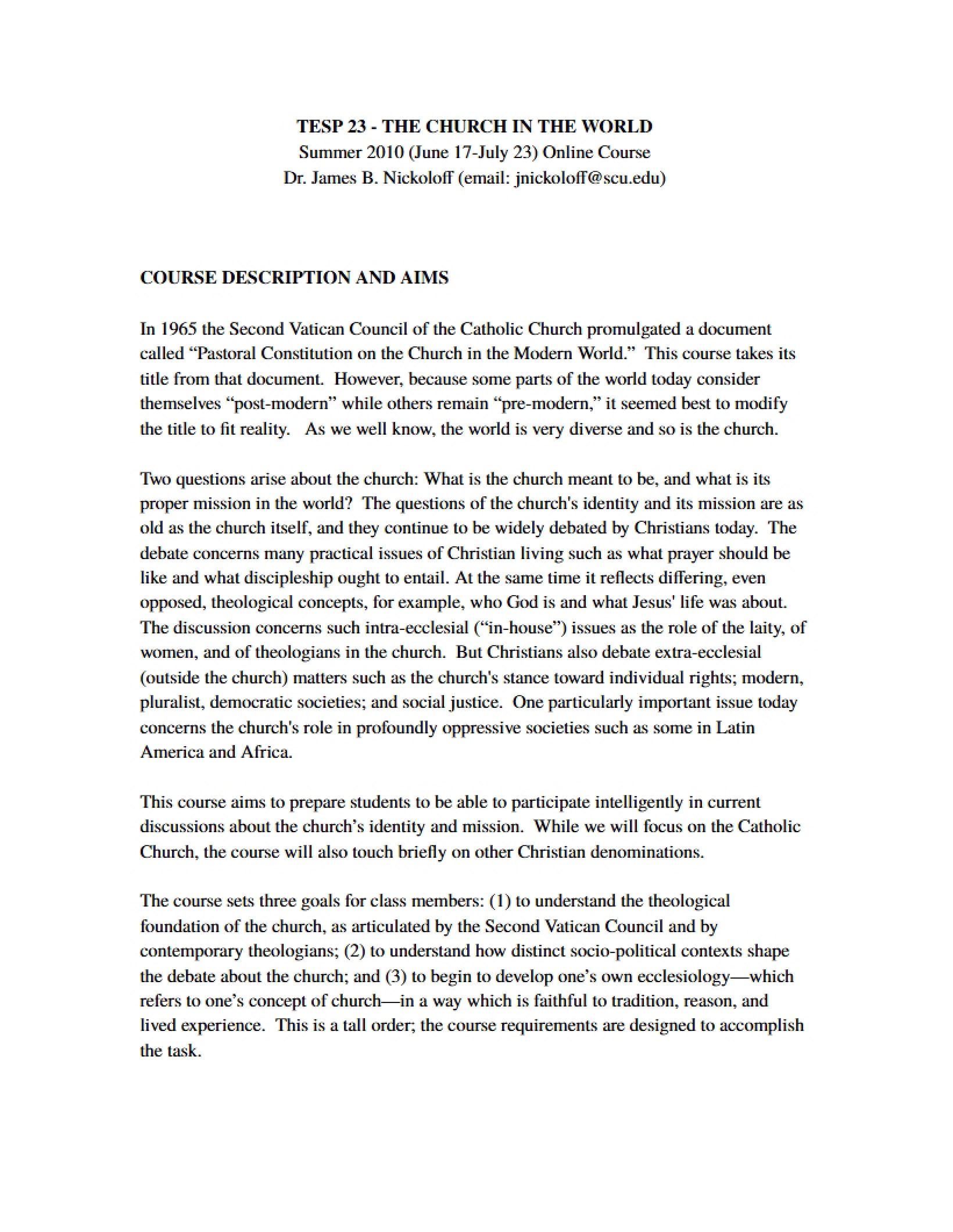 Course Outline for Church in the World