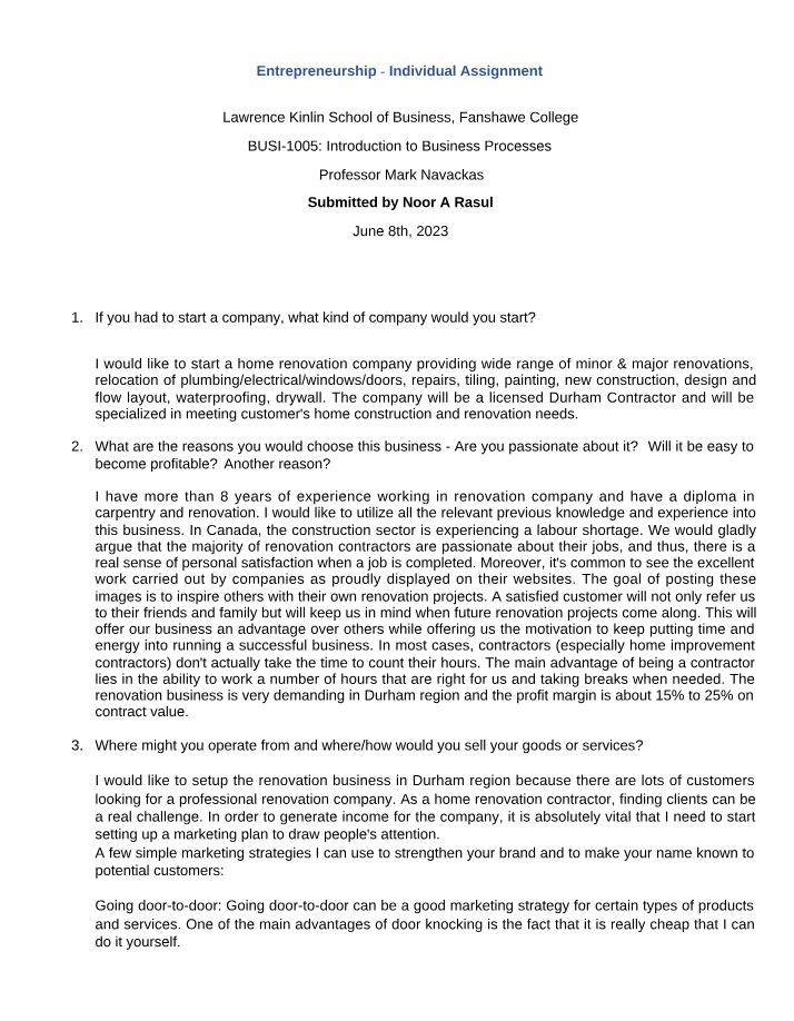 Entrepreneurship Individual Assignment Part A