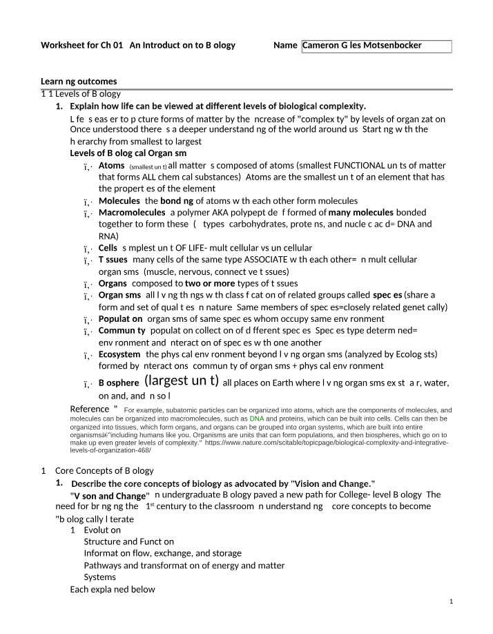 Worksheet on Biological Complexity and Core Concepts