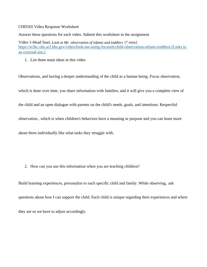 Video Response Worksheet - Observing Children's Needs and Goals