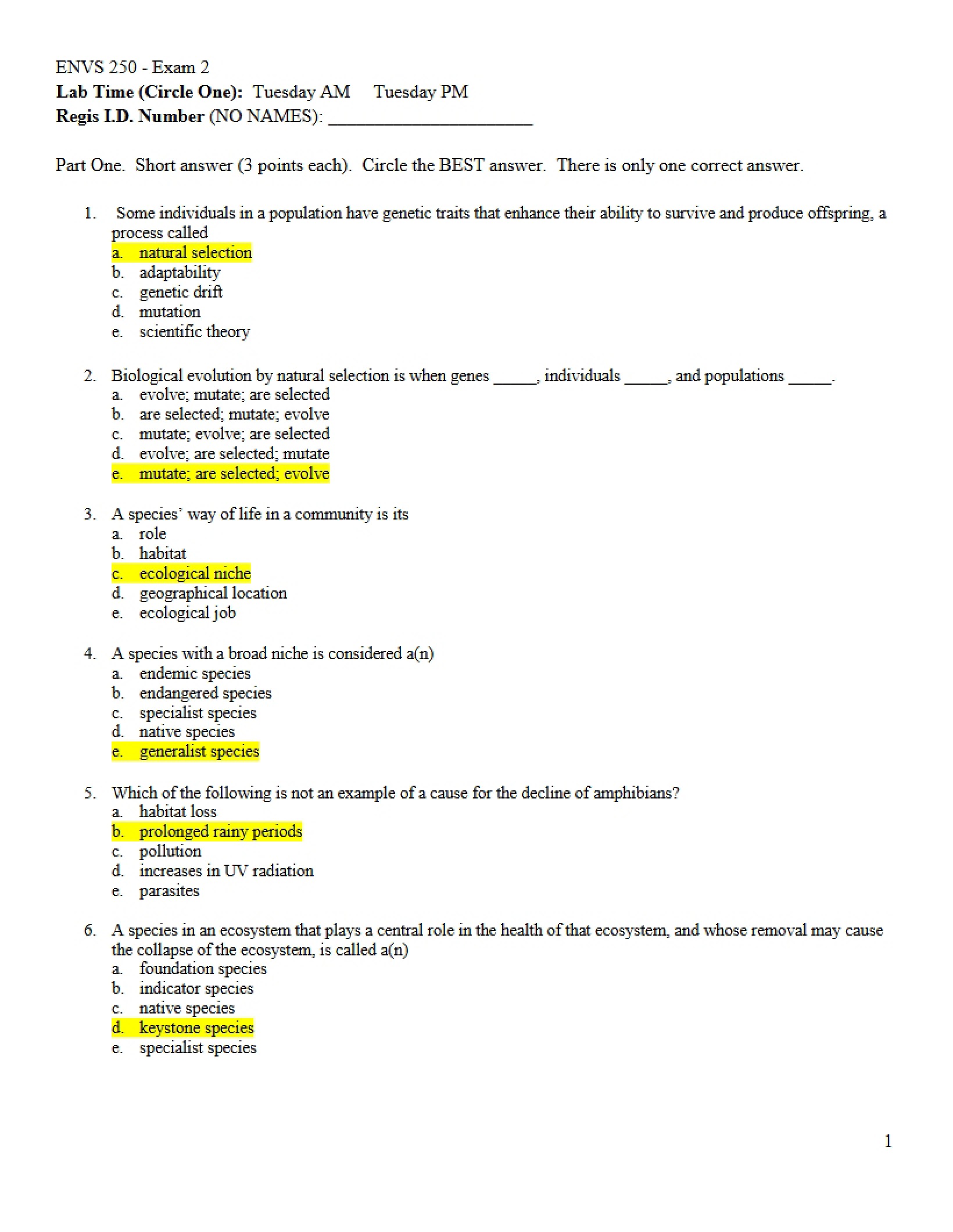 Answer Key for Exam