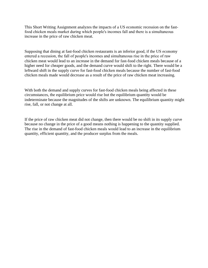 Writing Assignment - Economic Recession and the Fast-Food Chicken Market
