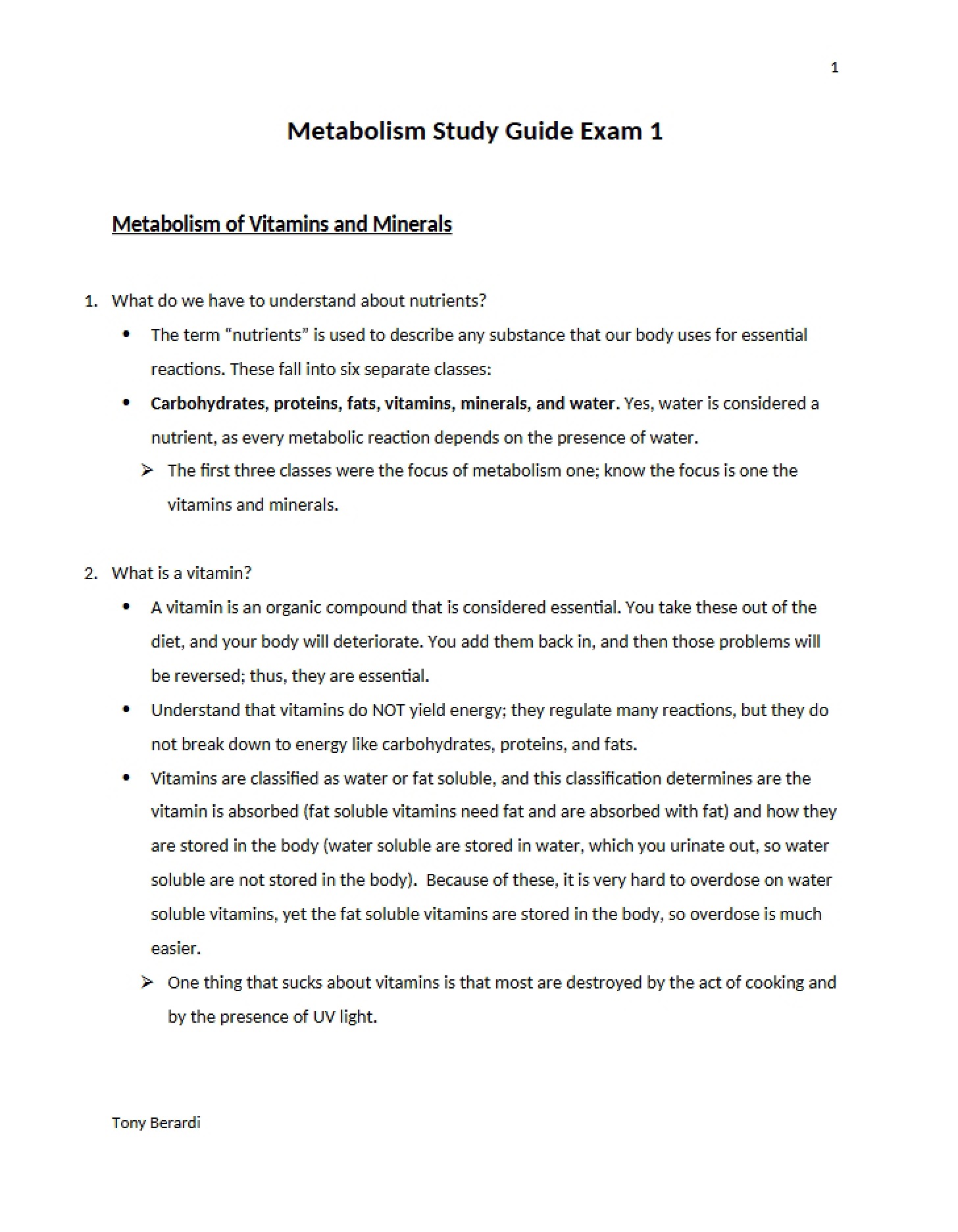 Metabolism Exam One Resource