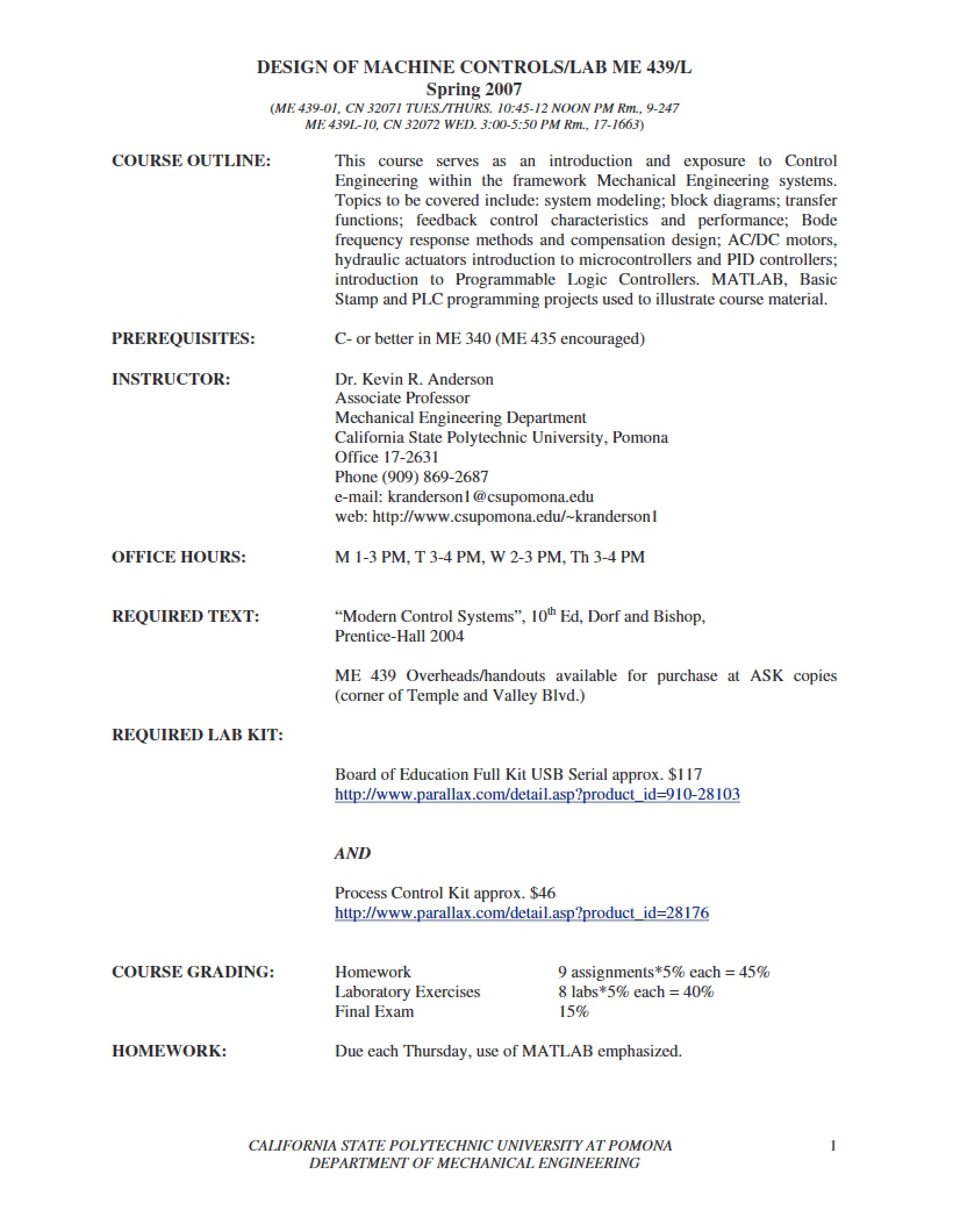 Mechanical Systems Control Syllabus