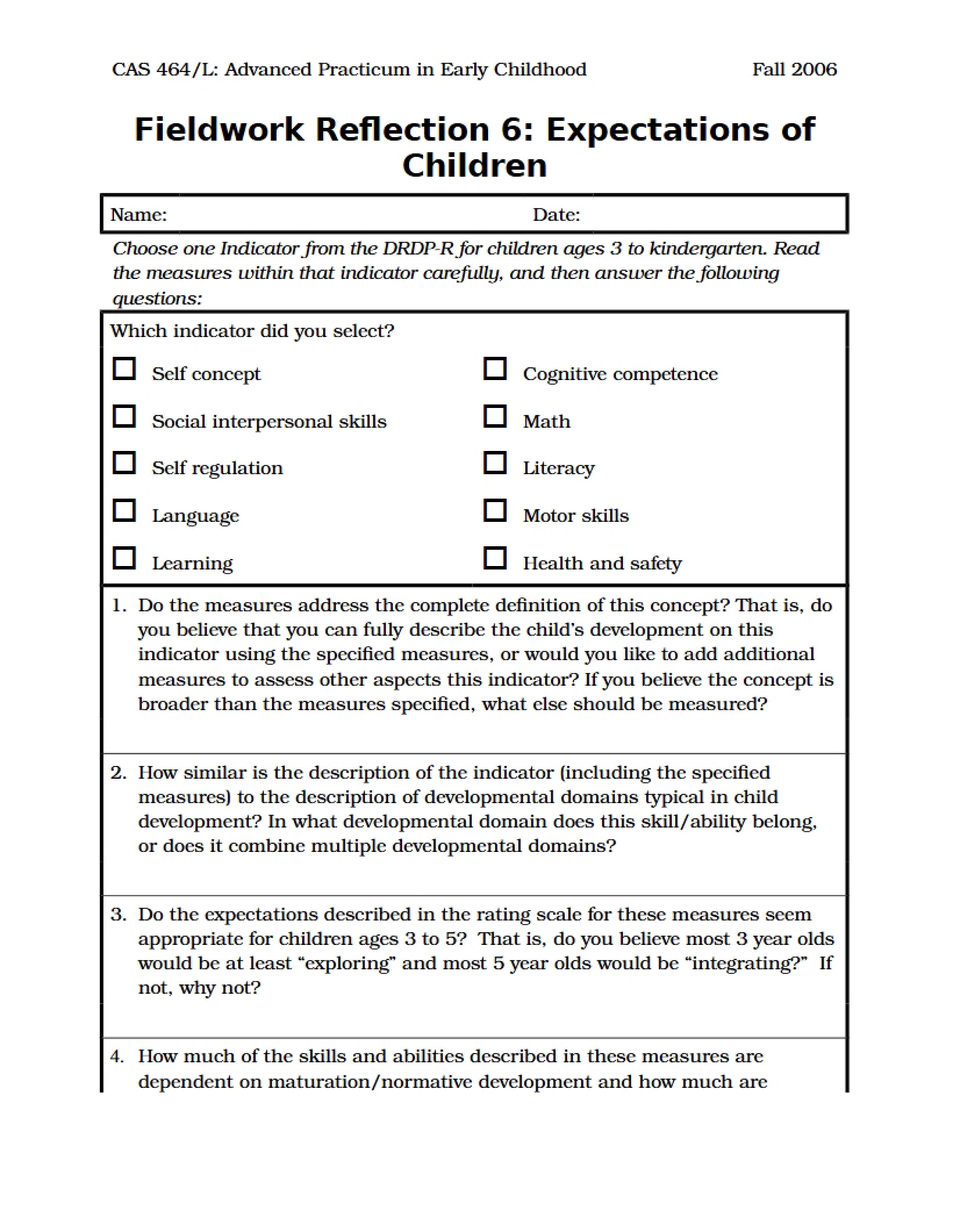 Child Expectations Fieldwork Reflection 6