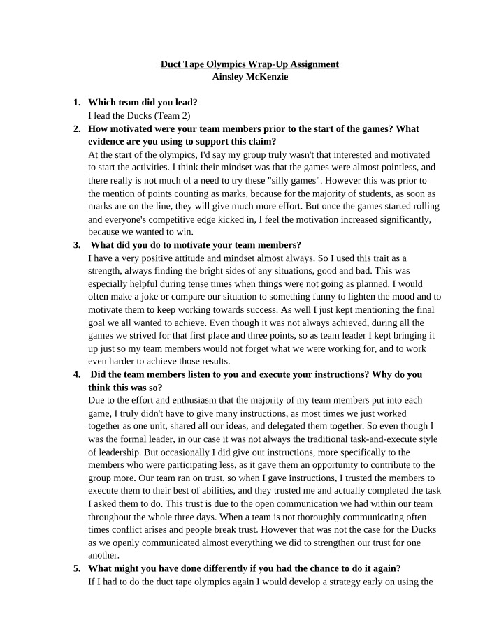 Wrap-Up Assignment for Duct Tape Olympics