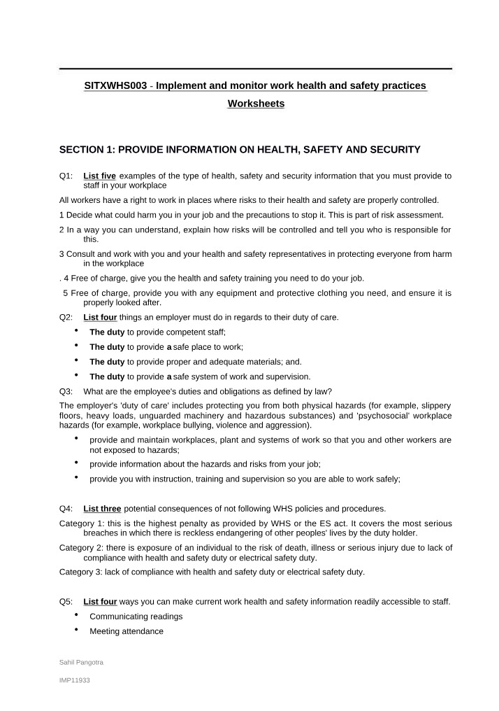 Work Health and Safety Practices - Implementing and Monitoring