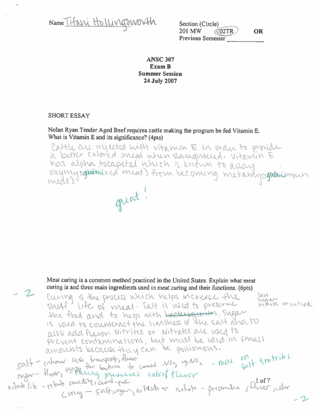 Examination from the Summer 2007 Semester for Meats