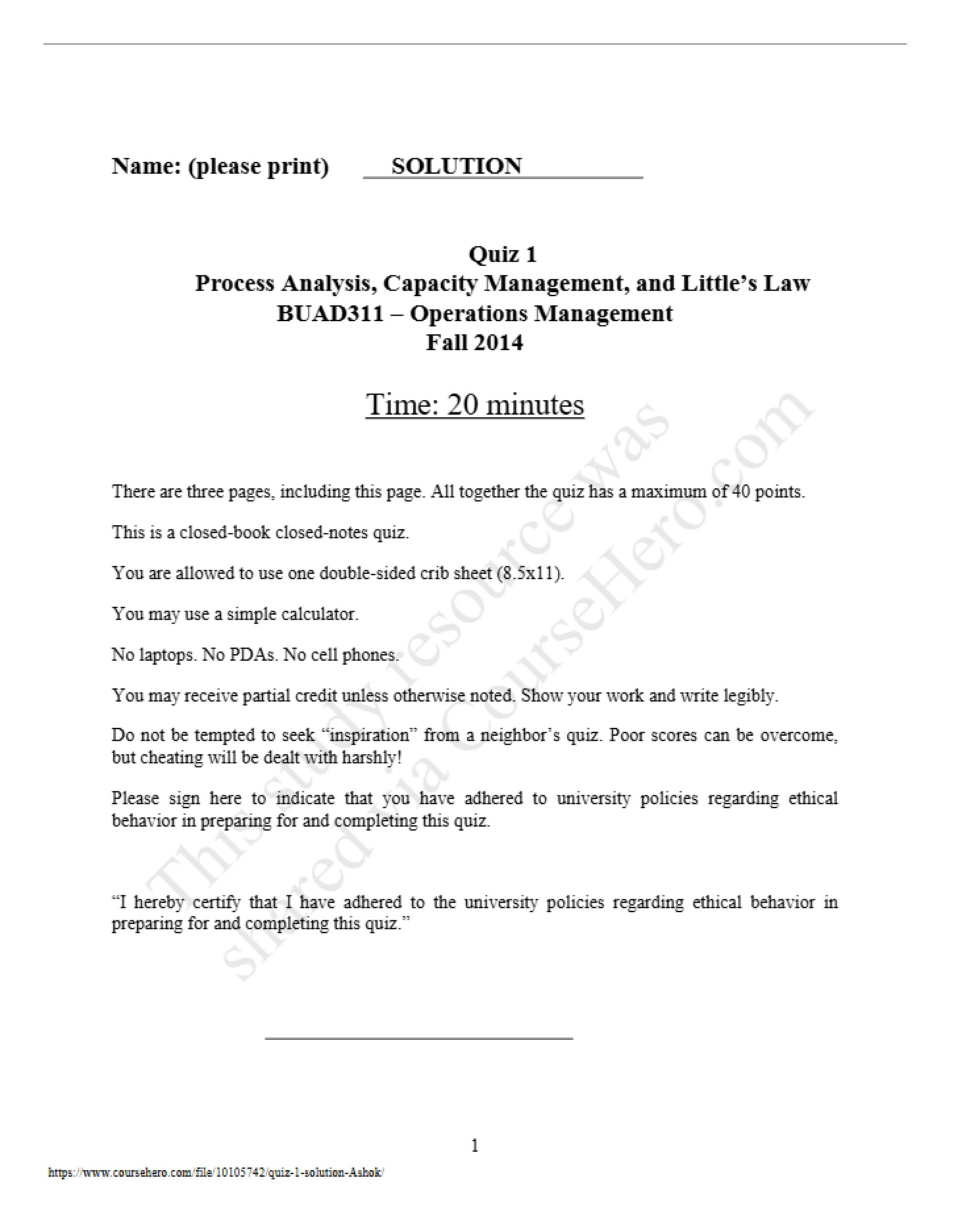 Quiz One (Fall 2014)