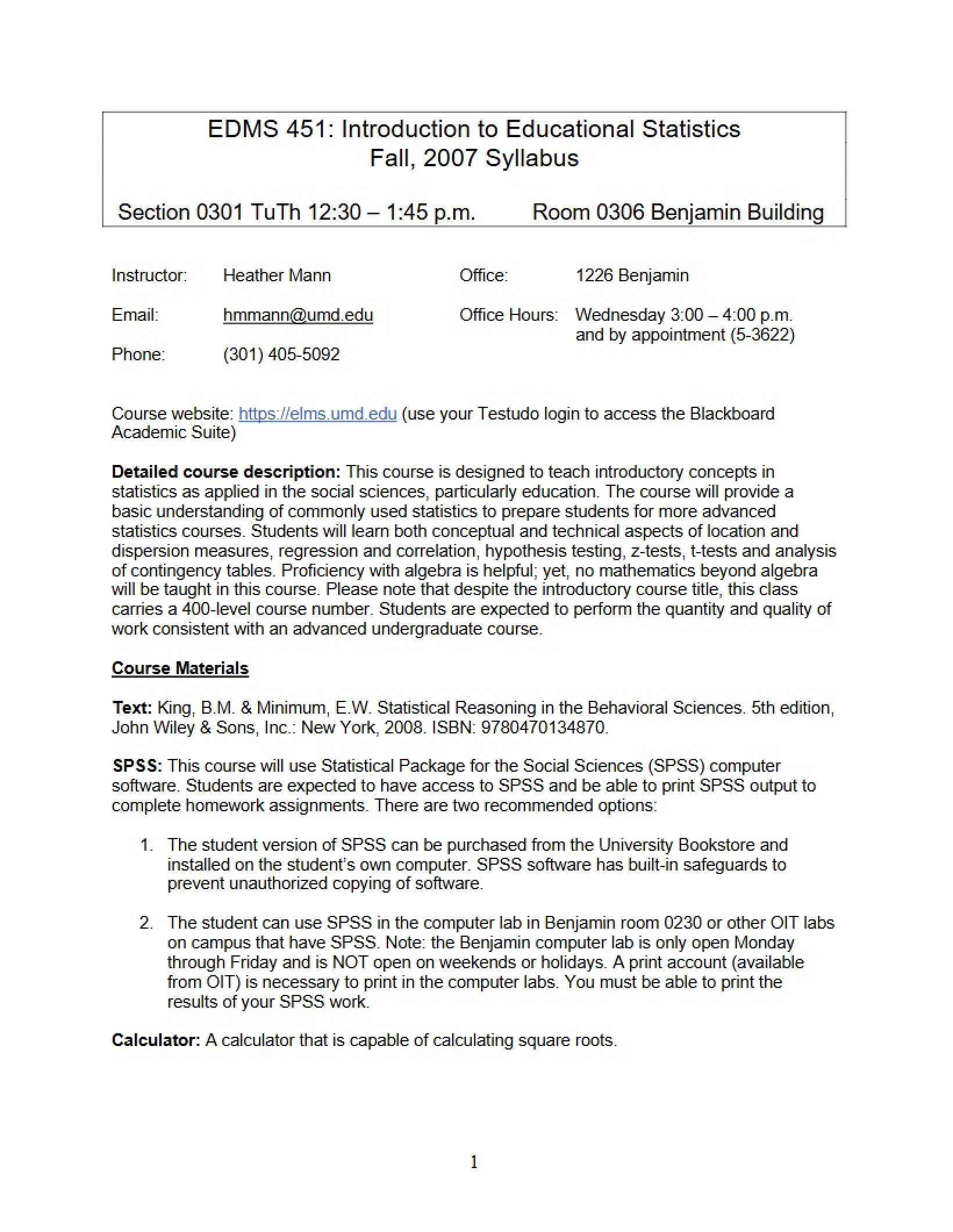 Intro to Stats Syllabus