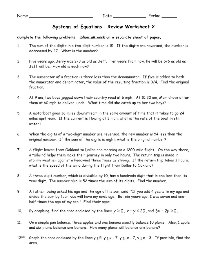 Review Worksheet 2 - Systems of Equations