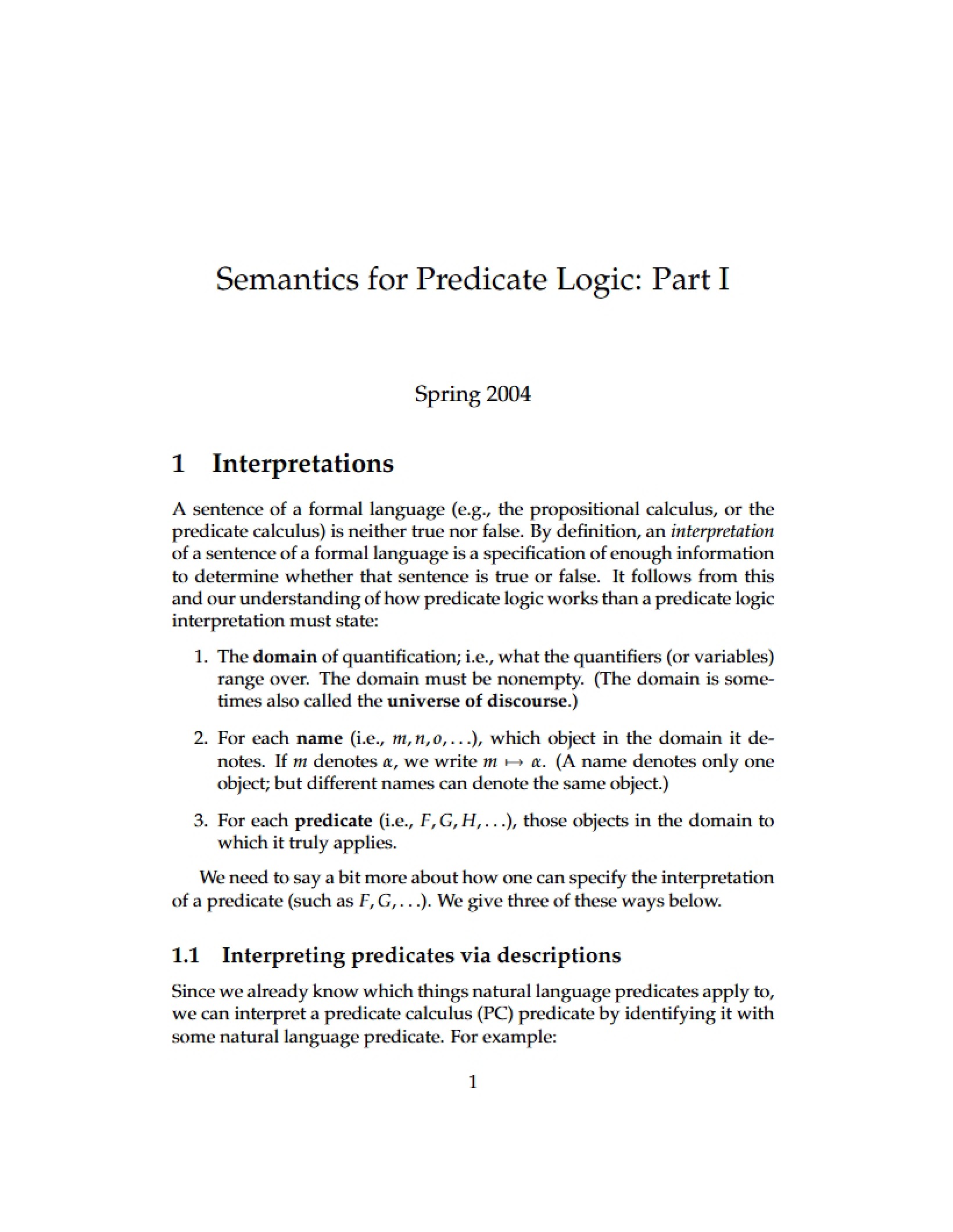 Part One Predicate Logic Semantics