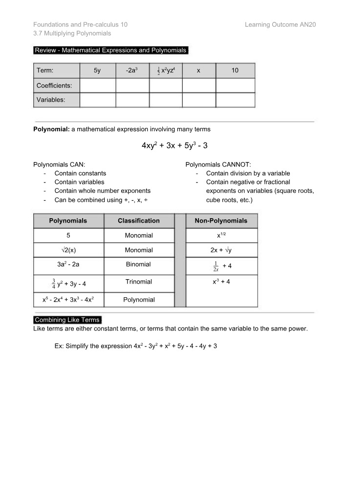 Section 3.7 - Multiplying Polynomials