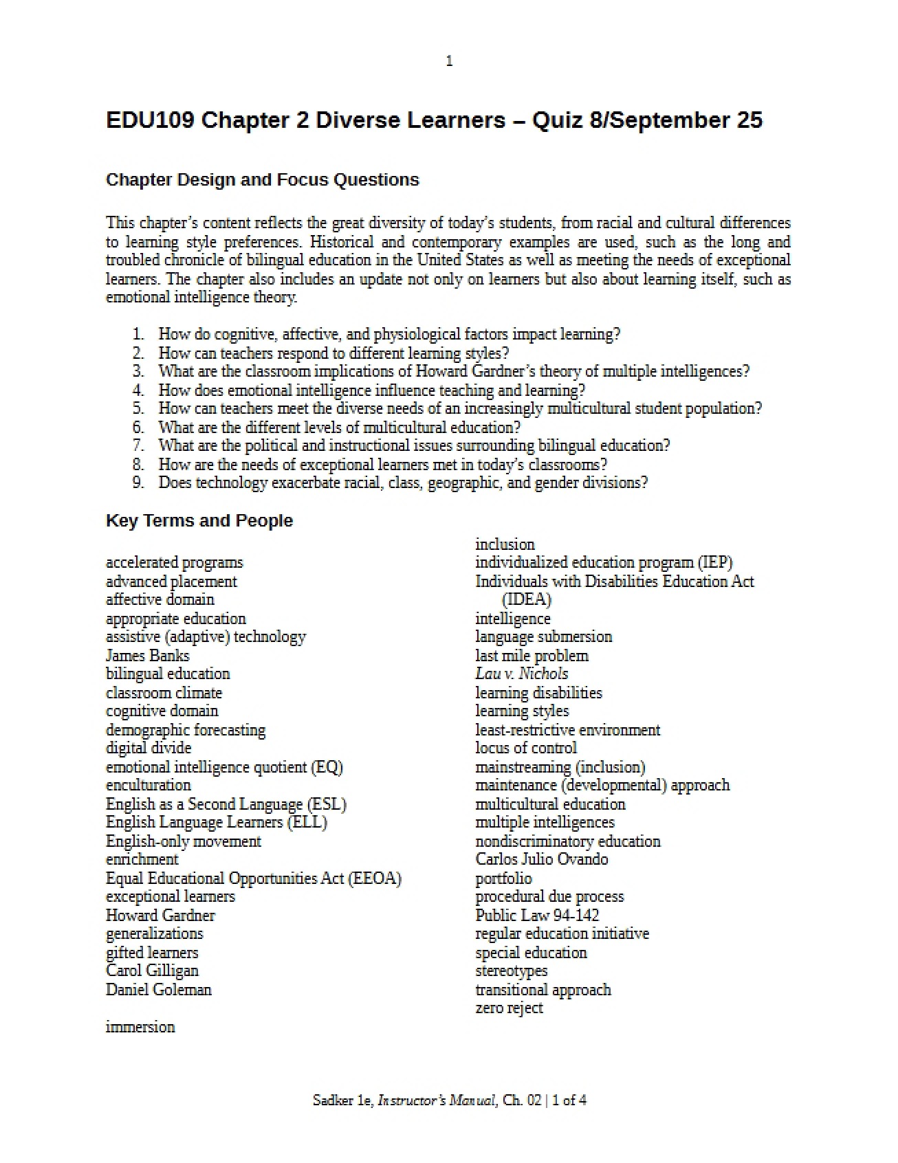 Quiz Eight Diverse Learners (Chapter 2)