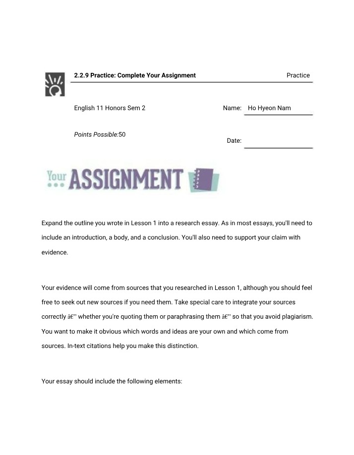 Practice Assignment for English 11 Honors