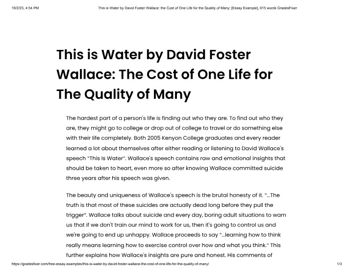 This is Water by David Foster Wallace - The Cost of One Life for the Quality of Many