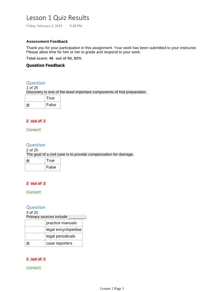 Key Concepts and Quiz Results in Civil Litigation