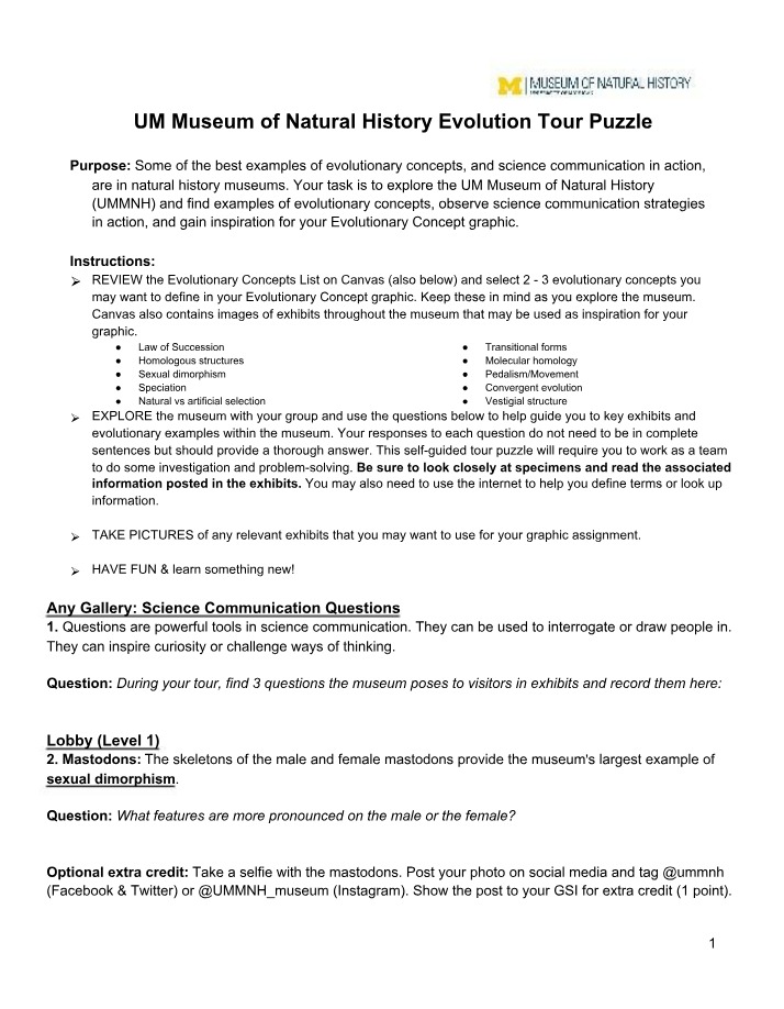 Worksheet for the UMMNH Tour