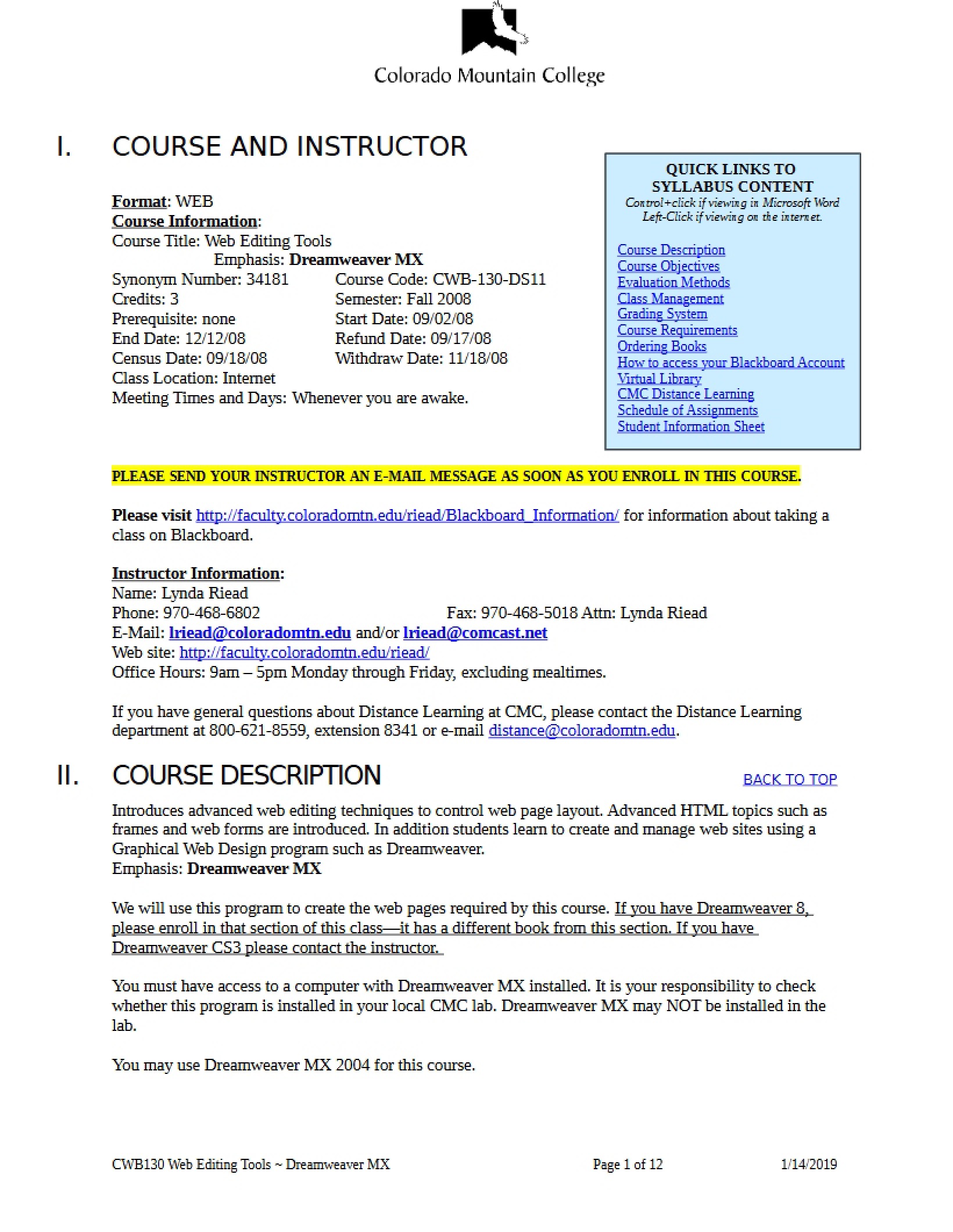 Web Editing Tools Course Syllabus