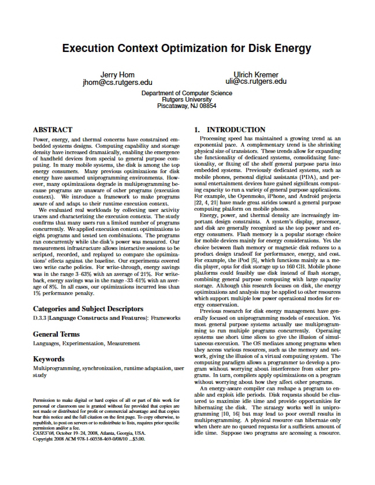 Disk Energy: Execution Context Optimization